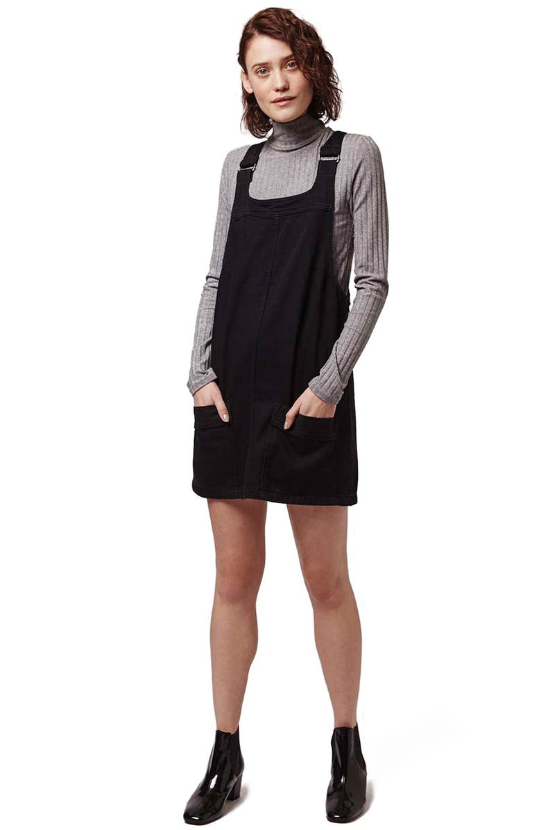 Topshop Denim Pinafore Dress, Alternate, color, 