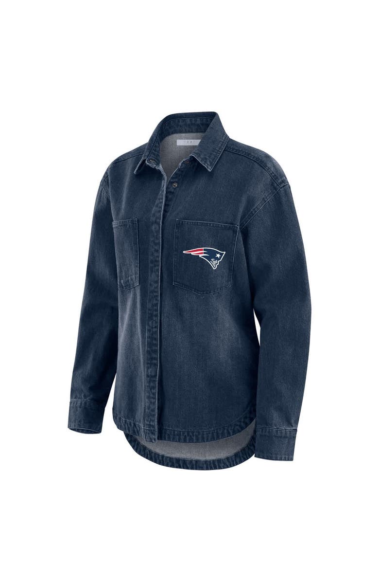 WEAR by Erin Andrews Women's WEAR by Erin Andrews Denim New England Patriots Washed Oversized Denim Full-Snap Shacket, Alternate, color, Denim