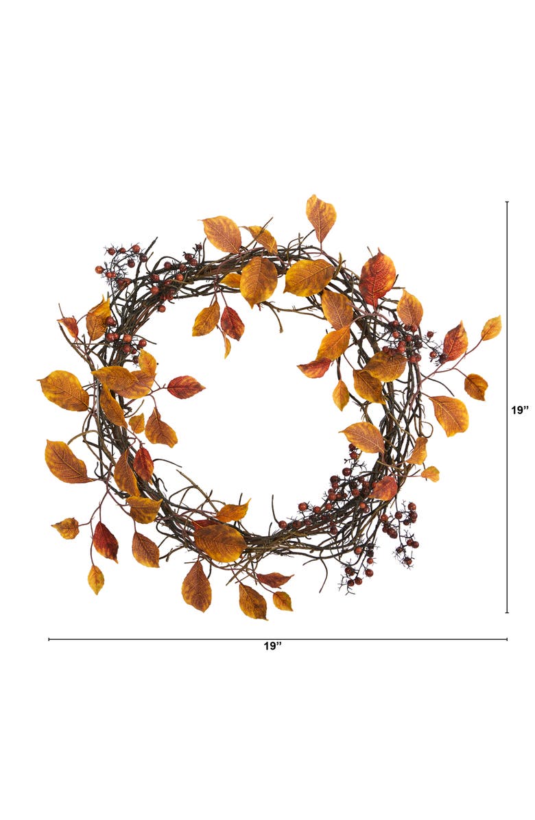 NEARLY NATURAL 19-in Harvest Leaf, Berries and Twig Artificial Wreath, Alternate, color, Orange