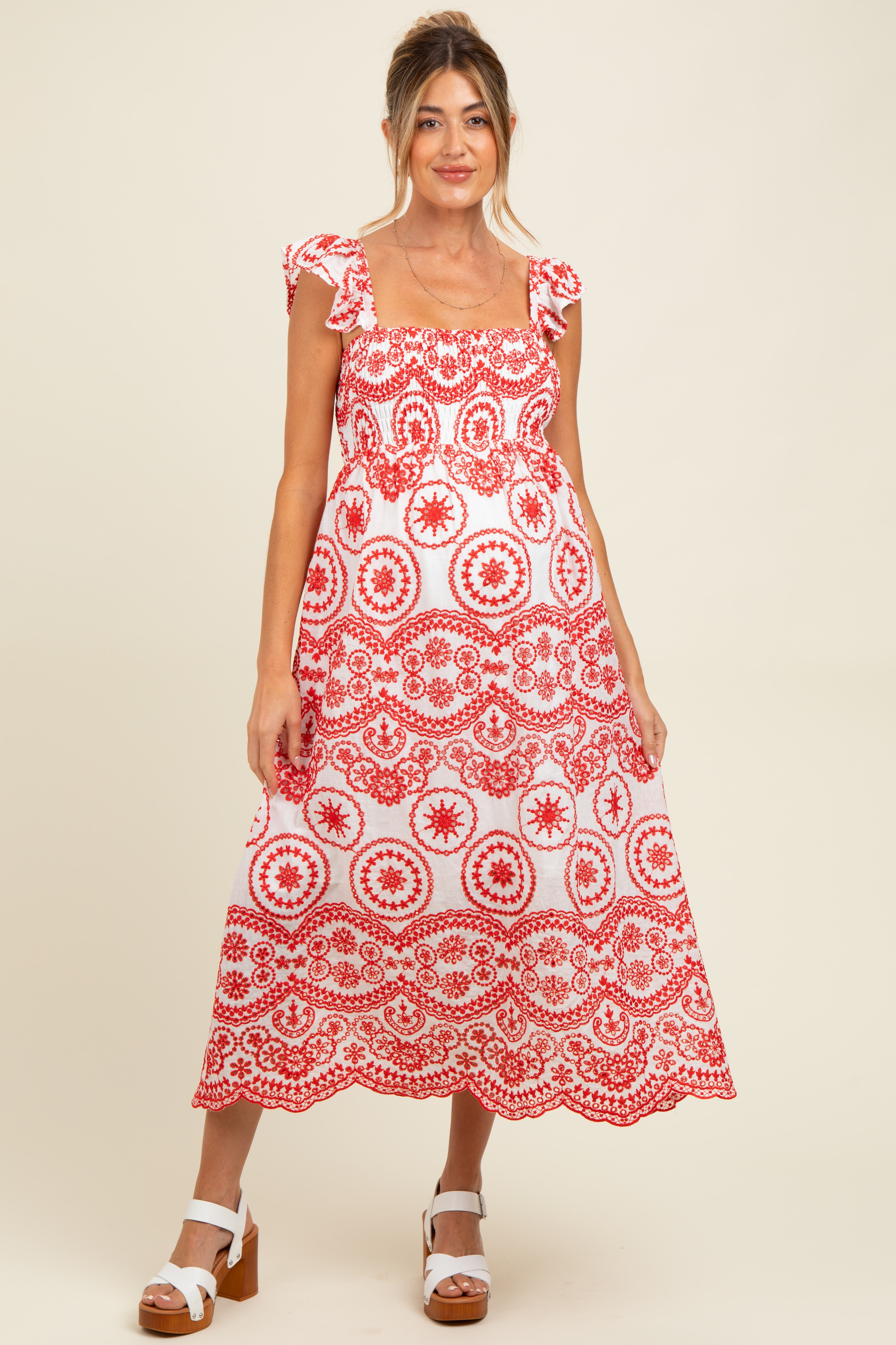 Embroidered Smocked Cutout Midi Dress - image 2