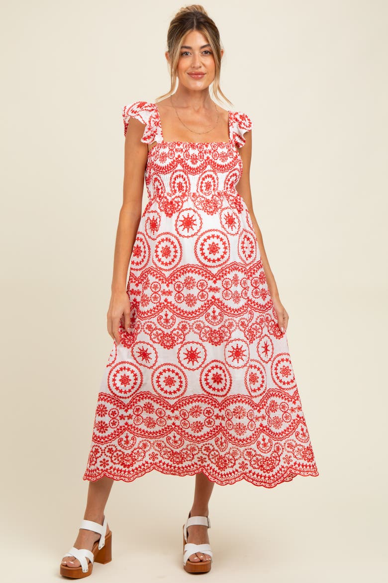 Embroidered Smocked Cutout Midi Dress, Alternate, color, Red