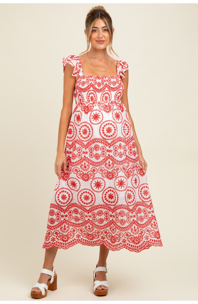 PinkBlush Embroidered Smocked Cutout Midi Dress, Alternate, color, Red