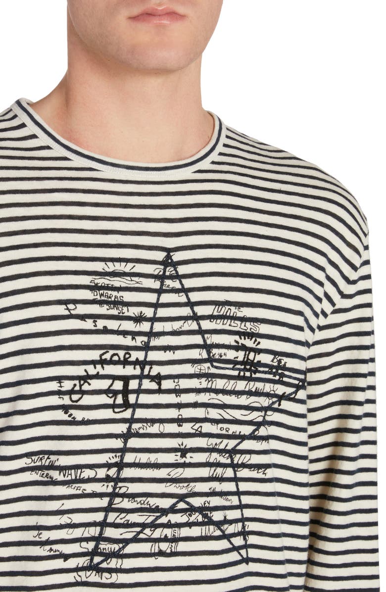 Golden Goose Embroidered Graffiti Stripe Cotton & Linen Long Sleeve T-Shirt, Alternate, color, Ecru/ Mazarine Blue
