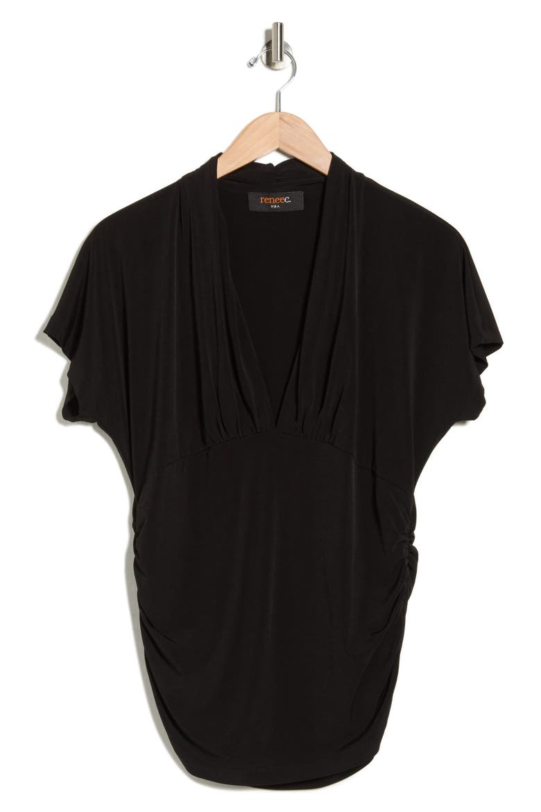 V-Neck Short Sleeve Ruched Top, Alternate, color, BLACK