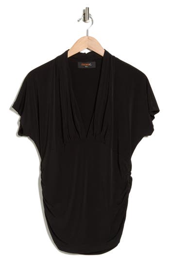 Renee C V-neck Short Sleeve Ruched Top In Black