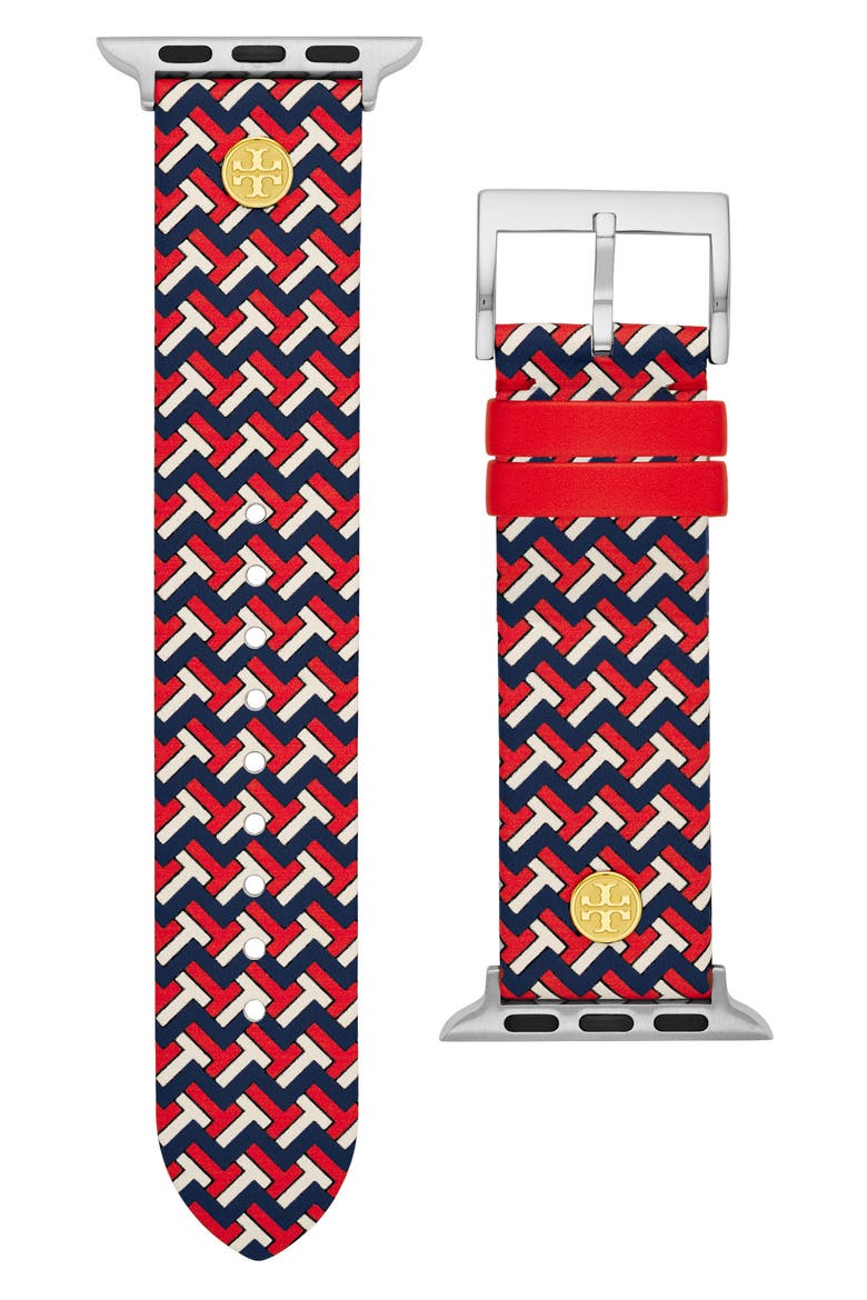 T-Zag Leather Strap for Apple Watch®, 38mm/40mm, Alternate, color, RED/ MULTI