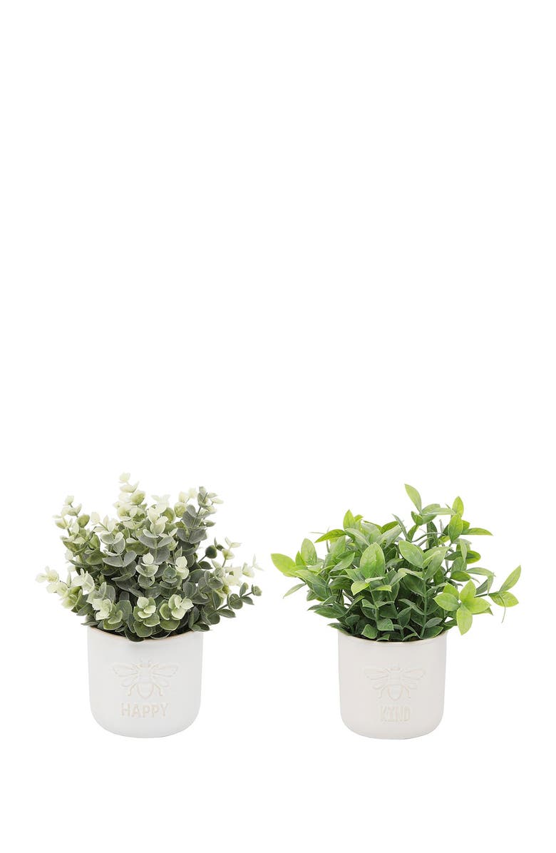 FLORA BUNDA Bee Kind Ceramic Tea Leaf + Bee Happy Eucalyptus in 3.75", Ivory, Set of 2, Main, color, 
