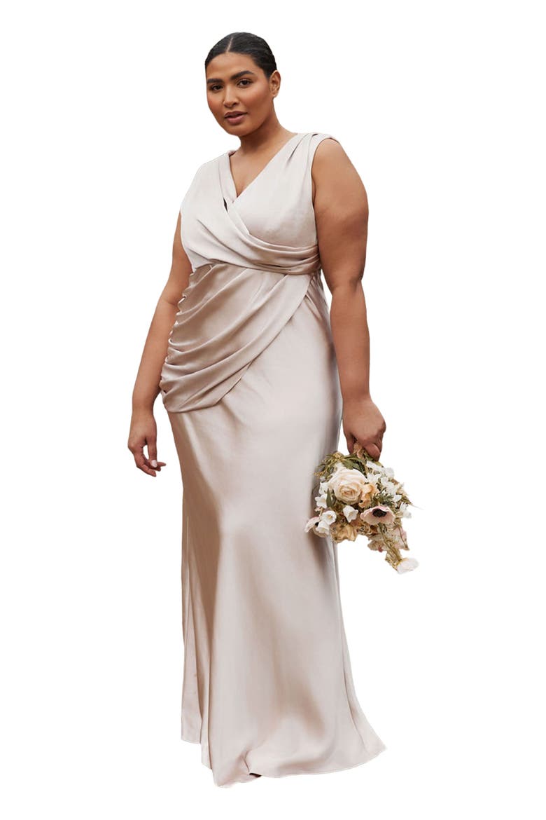Plunge Drape Satin Bridesmaid Dress, Main, color, Oyster