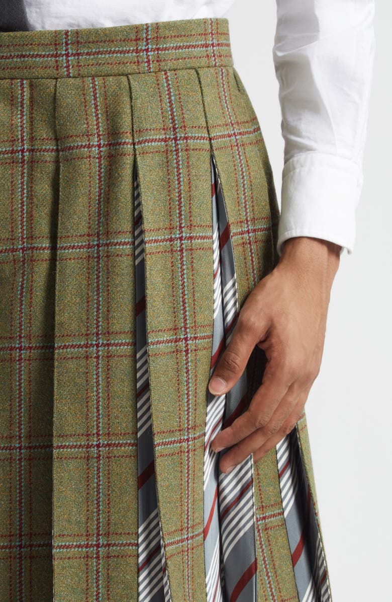 Thom Browne Tartan Pleated Wool Backstrap Skirt, Alternate, color, Green