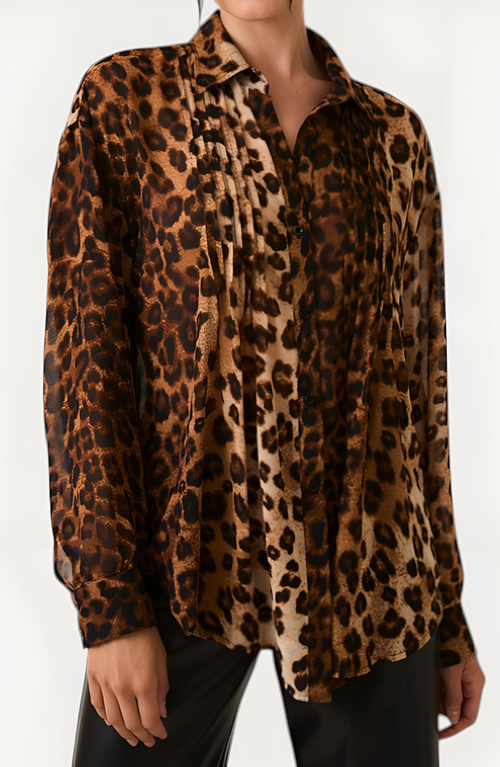 Modenaire Leopard Print Button-up Blouse With Pleated Front And Classic Point Collar In Brown