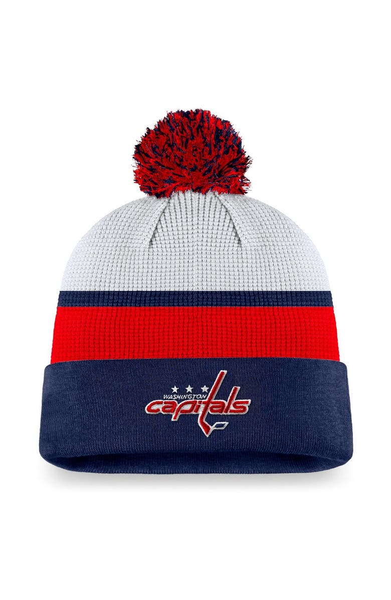 FANATICS Men's Fanatics Branded White/Navy Washington Capitals Authentic Pro Draft Cuffed Knit Hat with Pom, Main, color, 