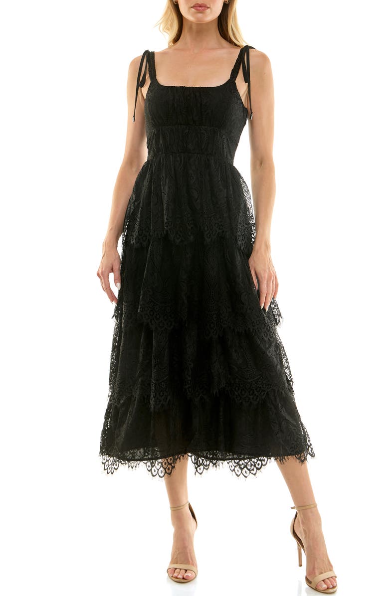 Socialite Tie Strap Tiered Lace Midi Dress, Main, color, Black