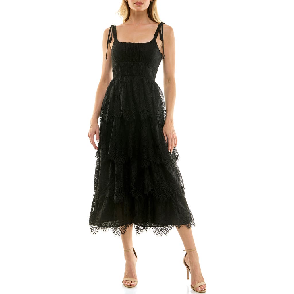 Socialite Tie Strap Tiered Lace Midi Dress In Black