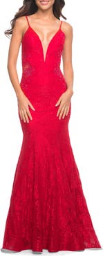 La Femme Long Mermaid Lace Dress with Back Rhinestone Detail