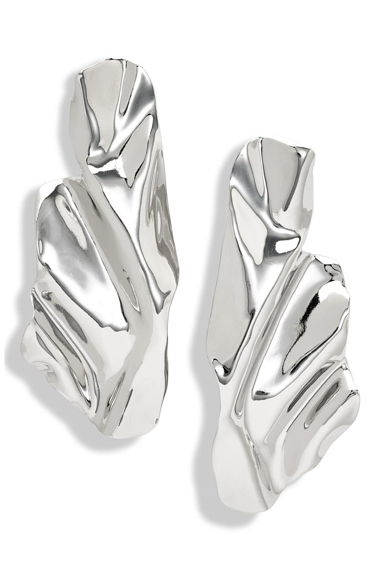 Folded Metal Statement Drop Earrings, Main, color, RHODIUM