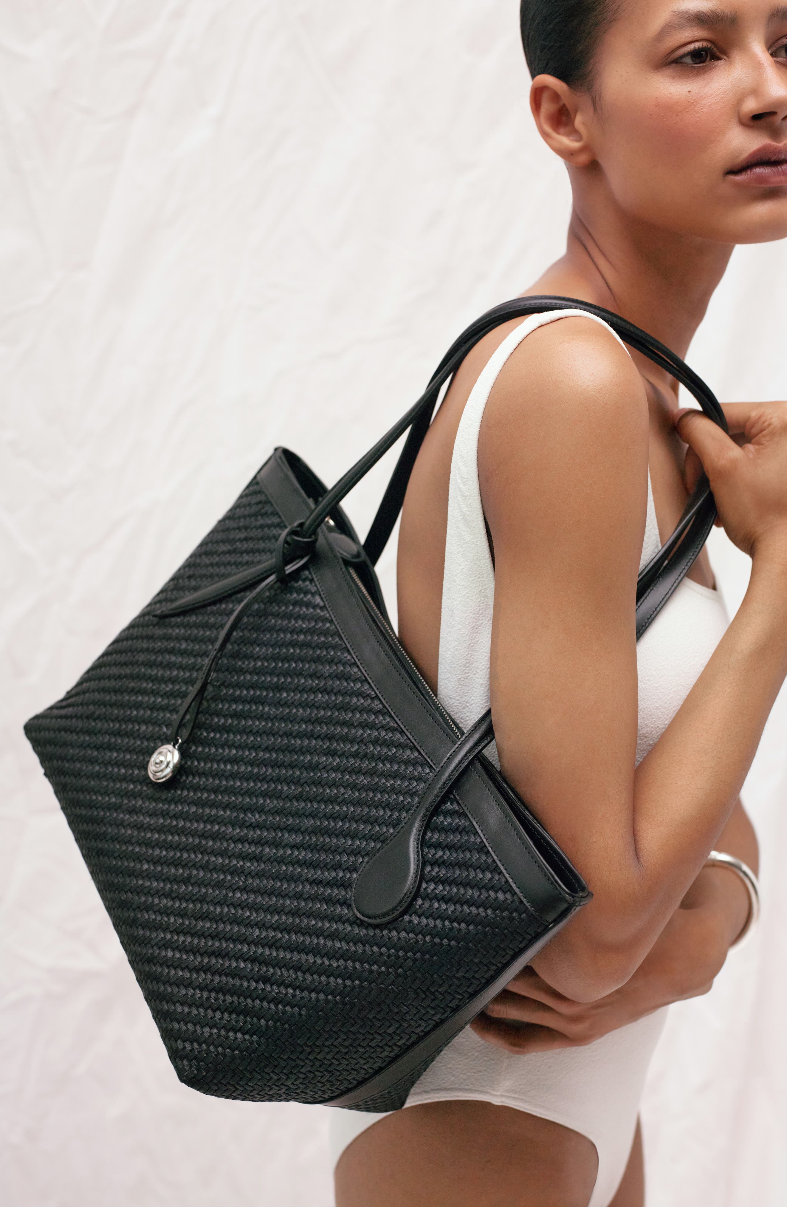 LIFFNER Midi Sprout Woven Leather Tote, Alternate, color, Black