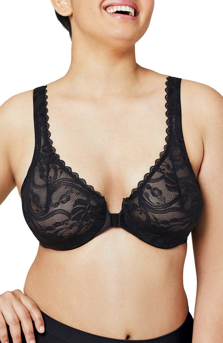Glamorise WonderWire<sup>®</sup> Front Close Stretch Lace Underwire Bra, Main, color, Black