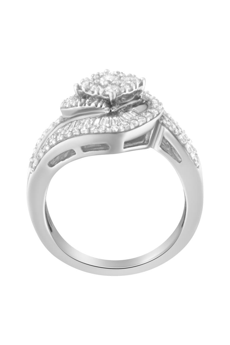 14K White Gold 1 Cttw Baguette and Round Diamond Floral Swirl Cluster Cocktail Ring, Alternate, color, White Gold