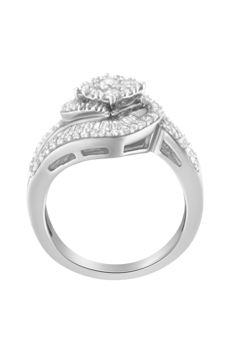 Haus of Brilliance 14K White Gold 1.00 cttw Baguette and Round Diamond Floral Cluster Ring with Split Swirl Band, Alternate, color, White Gold