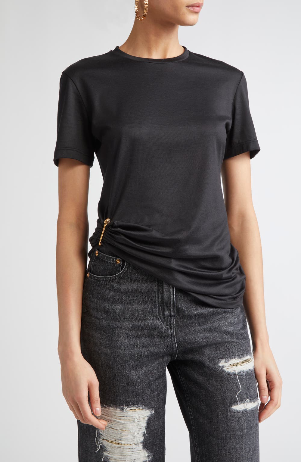 Safety Pin Silk & Cotton T-Shirt, color, BLACK
