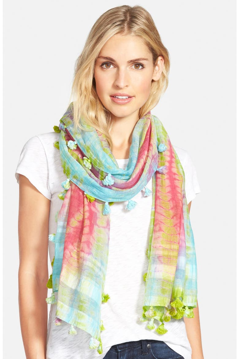 Tie Dye Silk & Cotton Scarf, Main, color, GREEN/ PINK