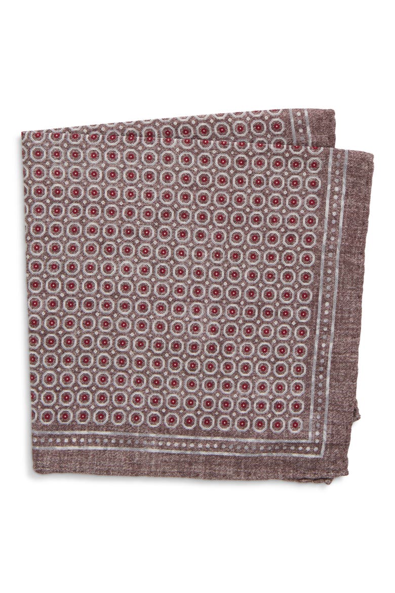 Foulard Print Wool & Cotton Pocket Square, Main, color, 051318 BRW GRY BRGDY