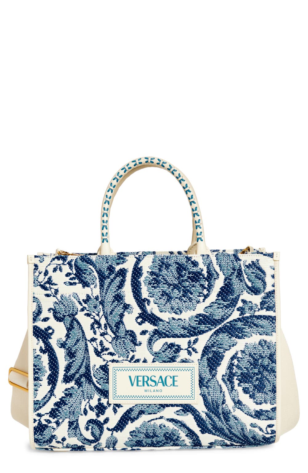 Large Barocco Floral Raffia Tote, color, EGGSHELL/ BRIGHT BLUE