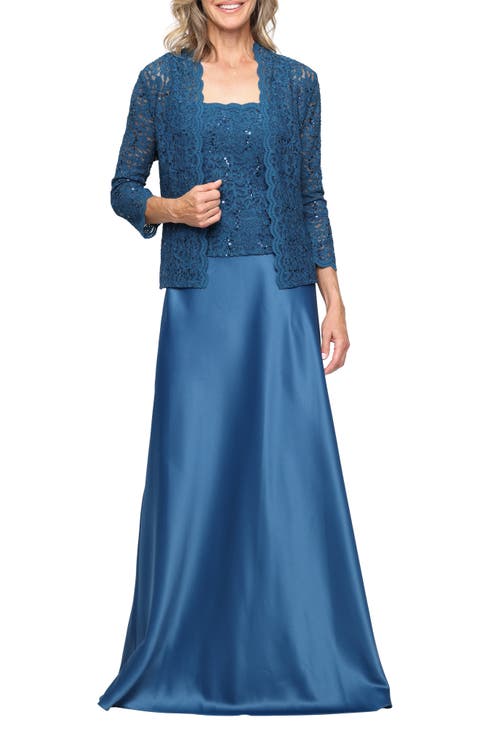 Sequin Lace & Satin Gown with Jacket (Regular & Petite)