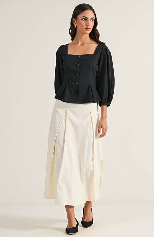 Modenaire Square Neck Long Sleeve Front Button Peplum Blouse In Black