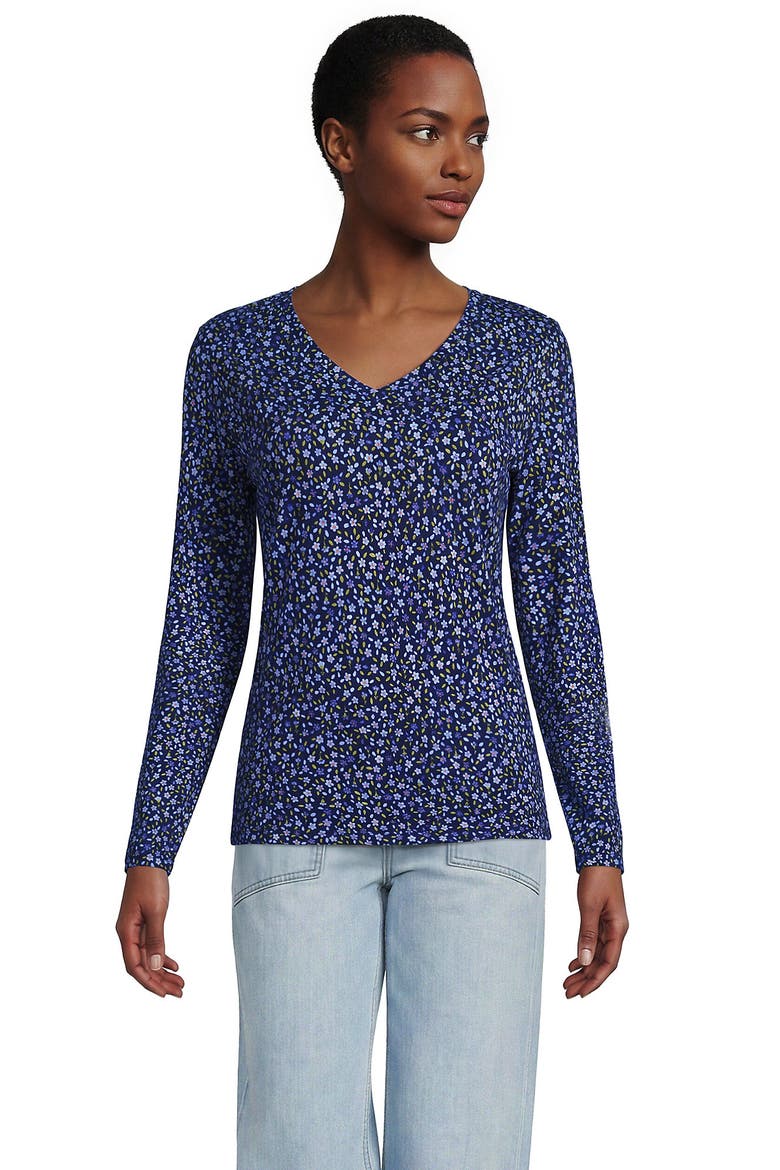 Supima Cotton Long Sleeve V-neck T-shirt, Alternate, color, Clear Blue/Navy Ditsy Floral