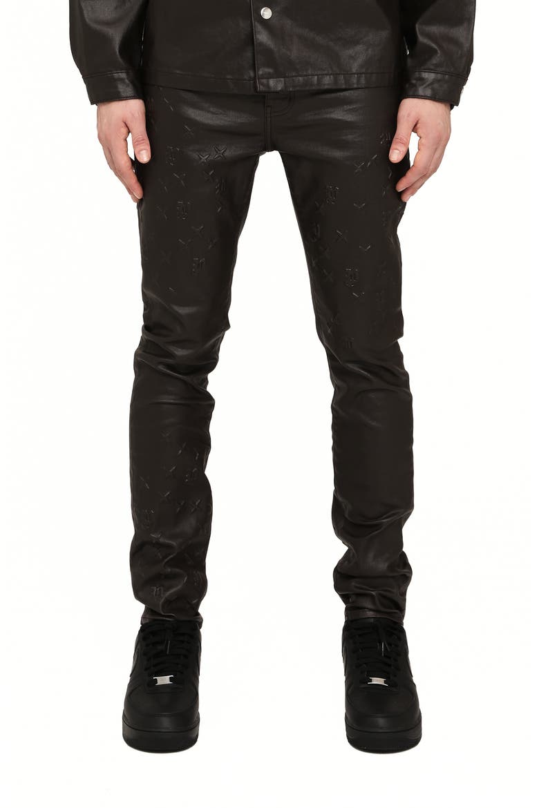 P001 Monogram Embossed Coated Skinny Jeans, Main, color, BROWN