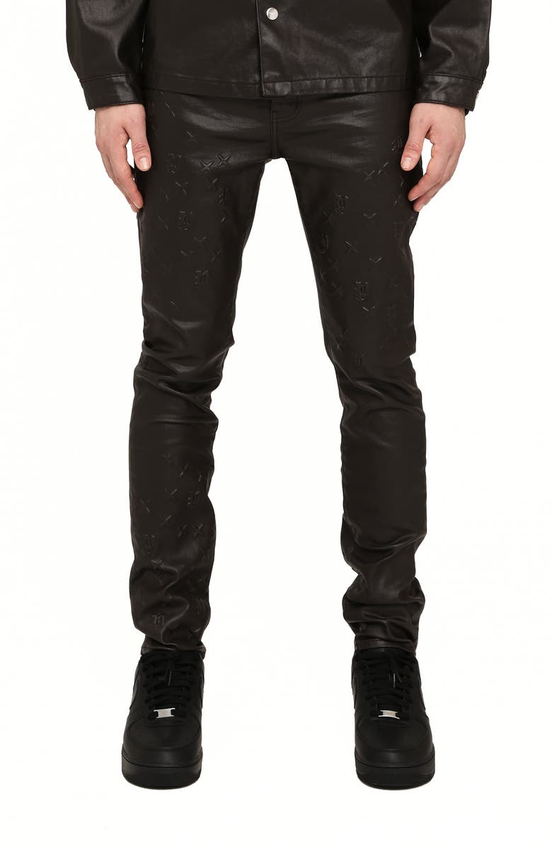 PURPLE BRAND P001 Monogram Embossed Coated Skinny Jeans, Main, color, Brown