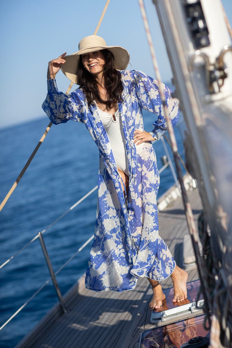 Cabana Cover-Up Flower Kaftan Dress, Alternate, color, Blue