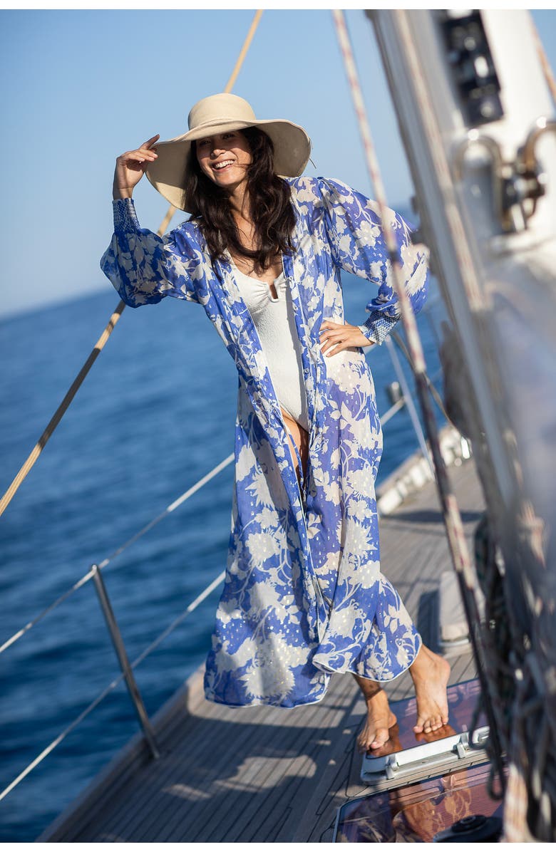 Sunday St. Tropez Cabana Cover-Up Flower Kaftan Dress, Alternate, color, Blue