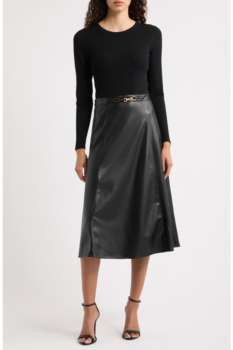 The Quinn Mixed-Media Faux Leather Dress, Main, color, NOIR