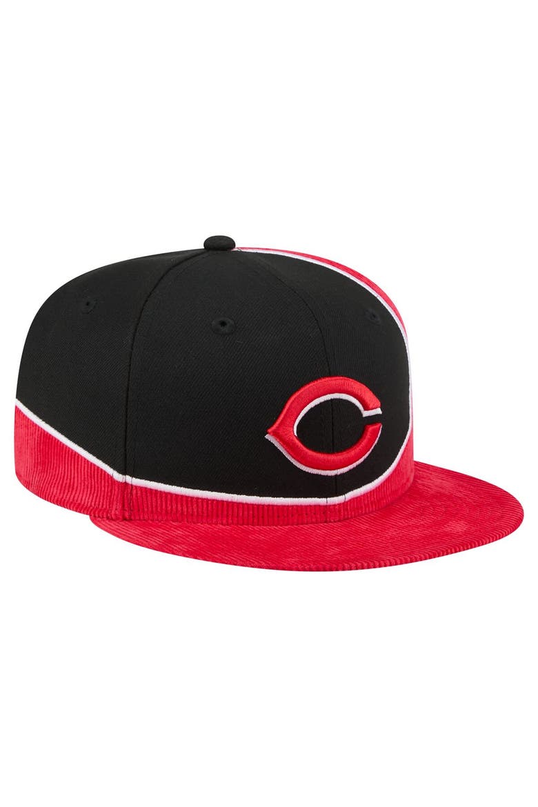 Men's New Era Red/Black Cincinnati Reds Retro Split Corduroy Snapback Hat, Alternate, color, Red