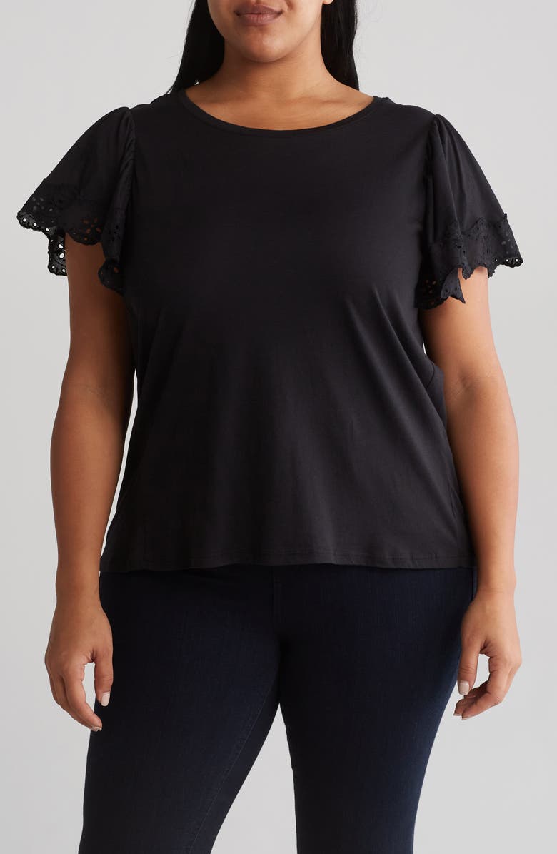 T Tahari Crochet Flutter Sleeve Top, Main, color, 