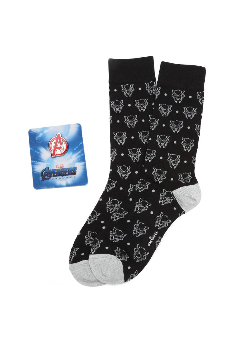 Black Panther Crew Socks & Lapel Pin Set, Main, color, BLACK