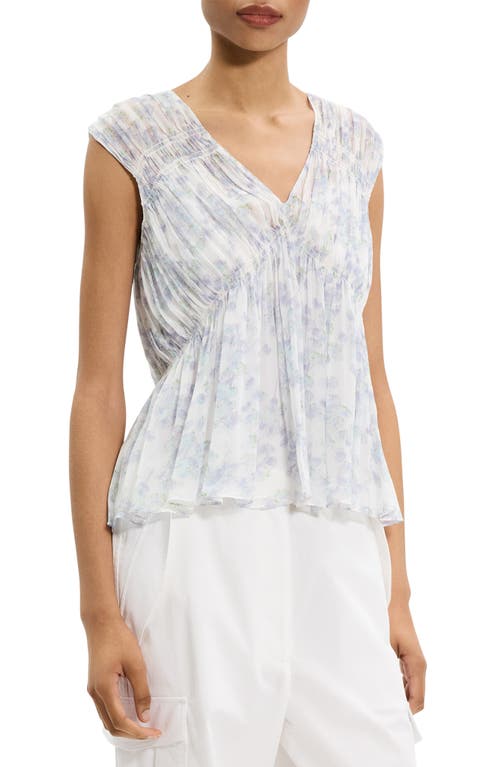 Theory Ruched Sleeveless Top In Floral Silk In Gray
