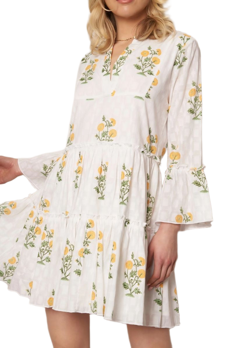Knit and Lounge Floral Embroidered Tiered Bell Sleeve Mini Dress, Alternate, color, White / Yellow Floral