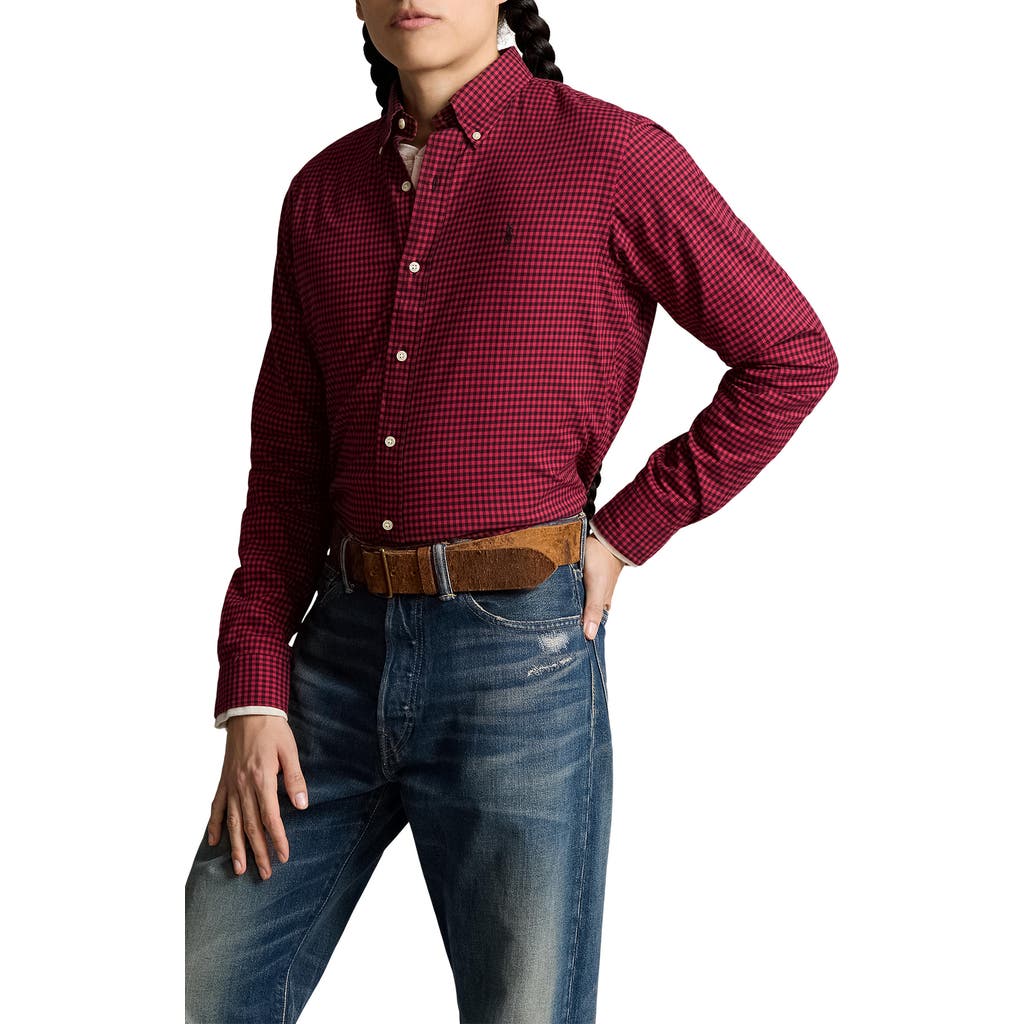Polo Ralph Lauren Classic Fit Gingham Sanded Twill Button-down Shirt In Burgundy