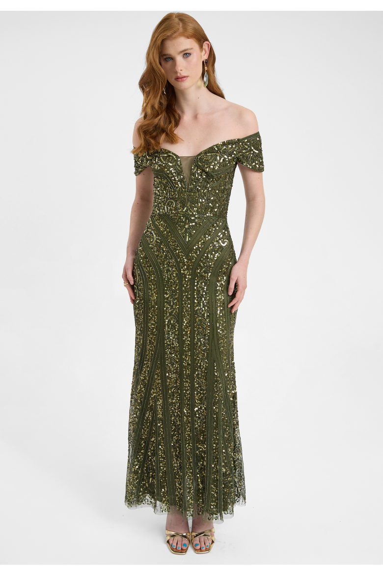 Embellished Sequin Gown, Alternate, color, OLIVE