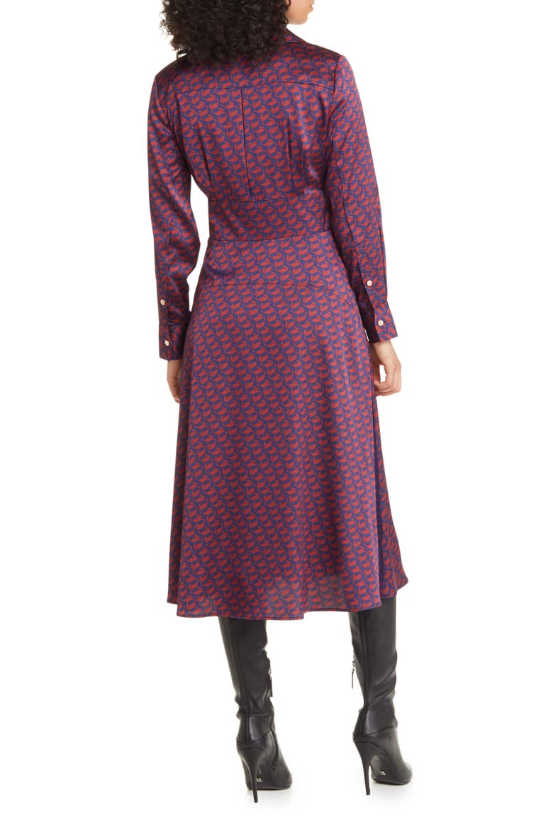 Geo Print Long Sleeve Hammered Satin Midi Shirtdress, Alternate, color, NAVY/ BLACK CHERRY