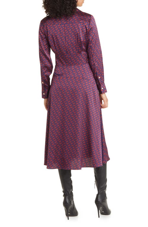 Tahari Asl Geo Print Long Sleeve Hammered Satin Midi Shirtdress In Navy/black Cherry