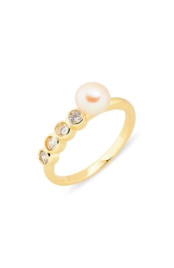 Covet Faux Pearl & Crystal Stackable Ring In Pearl/graphite/gold
