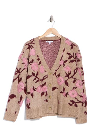 Dr2 By Daniel Rainn Floral Jacquard Button Front Cardigan In Beige/burgundy