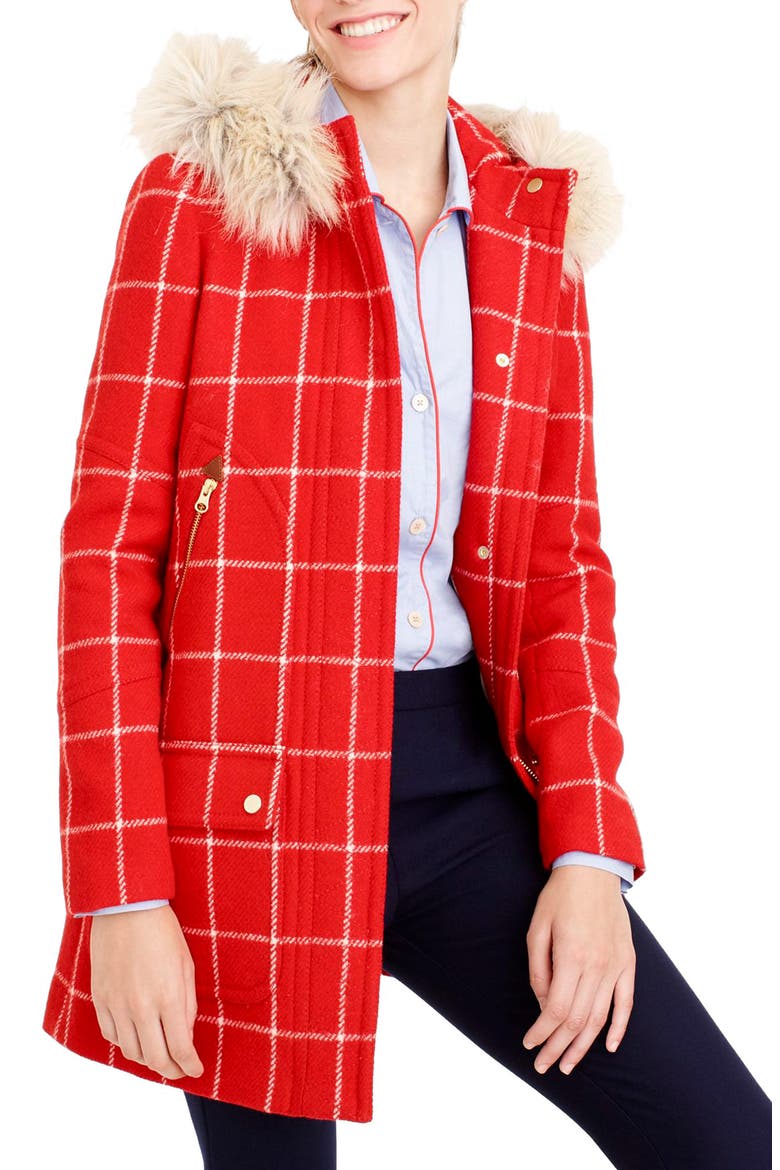 J.Crew Windowpane Check Chateau Parka, Alternate, color, BRIGHT RED NATURAL