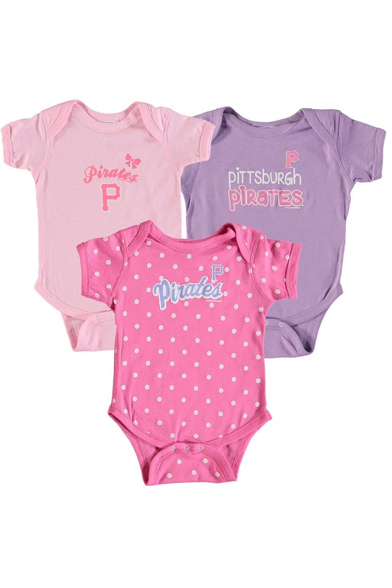 Girls Infant Soft as a Grape Pink/Purple Pittsburgh Pirates 3-Pack Rookie Bodysuit Set, Main, color, Pink