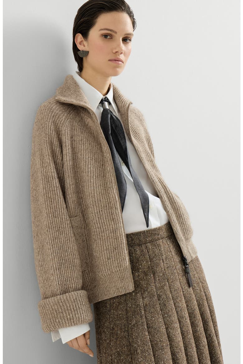 Sparkling cashmere, mohair and wool ribbed cardigan with shiny zipper pull, Alternate, color, Light Brown