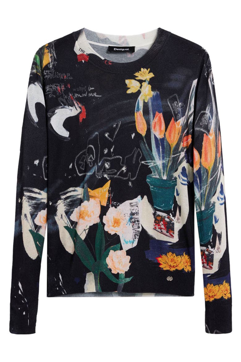 Floral Fine Gauge Crewneck Sweater, Alternate, color, BLACK